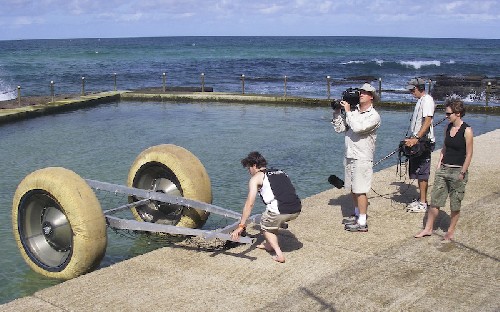 Chris testing if the PAC2 floats in Avalon pool as Discovery Channel film