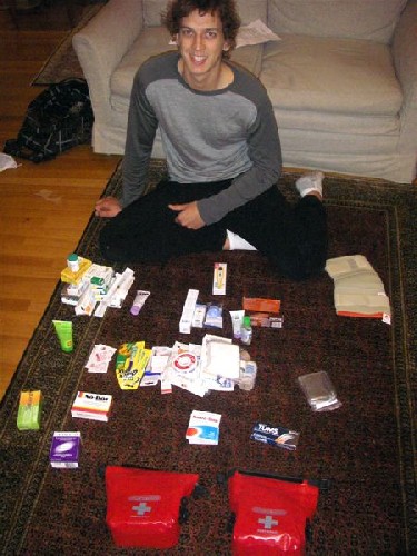 Clark with all the things in our first-aid kit - Click for full-size.