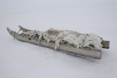 Sled with caribou skins on it out on the ice