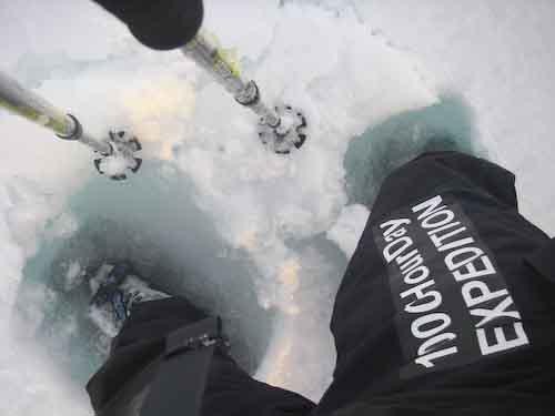 Hauling eye view as we break through to slush each step