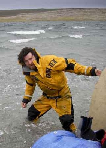 Chris negotiating the PAC through crumbled ice on the windy lake shore