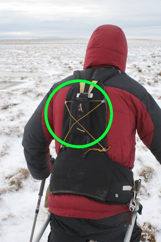 EPIRB hanging from Clark\s harness - we always made sure we had access to one at all times.